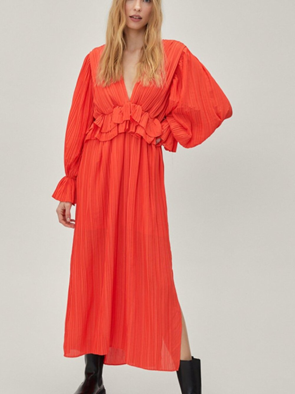 Nasty Gal Red Chiffon Pleated V-Neck Maxi Dress